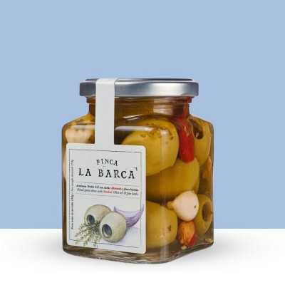 Olives Gordal dénoyautées, huile d'olive extra vierge fumée, ail & fines herbes - "Finca La Barca"