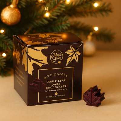 Feuille d’érable en chocolat noir avec cristaux de sirop d’érable